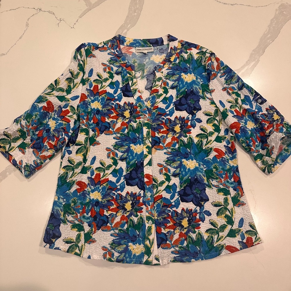 Rebecca Malone Floral Seersucker Button Front Top XL Blue Green White Blouse
